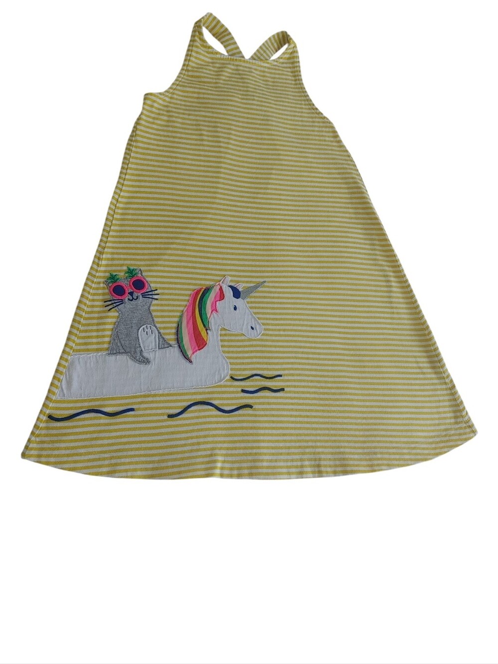 Mini Boden 100% Cotton Cross Back Striped Cat Unicorn Twirl Dress